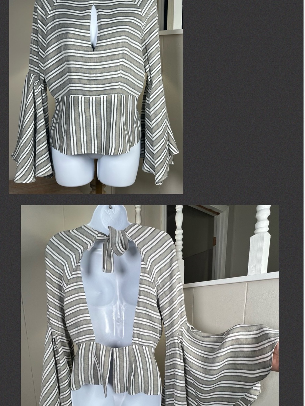 Karlie Striped Bell-Sleeve Tie-Back Peplum Blouse - Gray & White